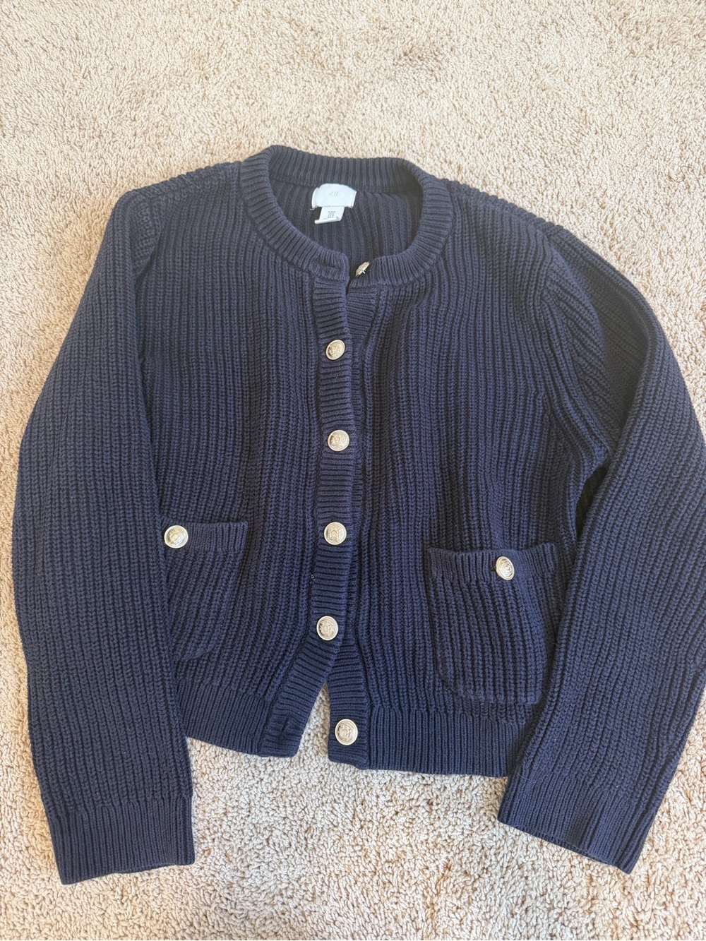 H&M Dark Navy Ribbed Button Cardigan with Gold Buttons